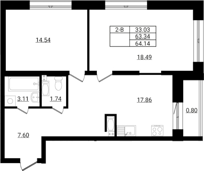 2-комнатная квартира 64.14 м², 3/9 эт., ЖК «Эко Гармония»